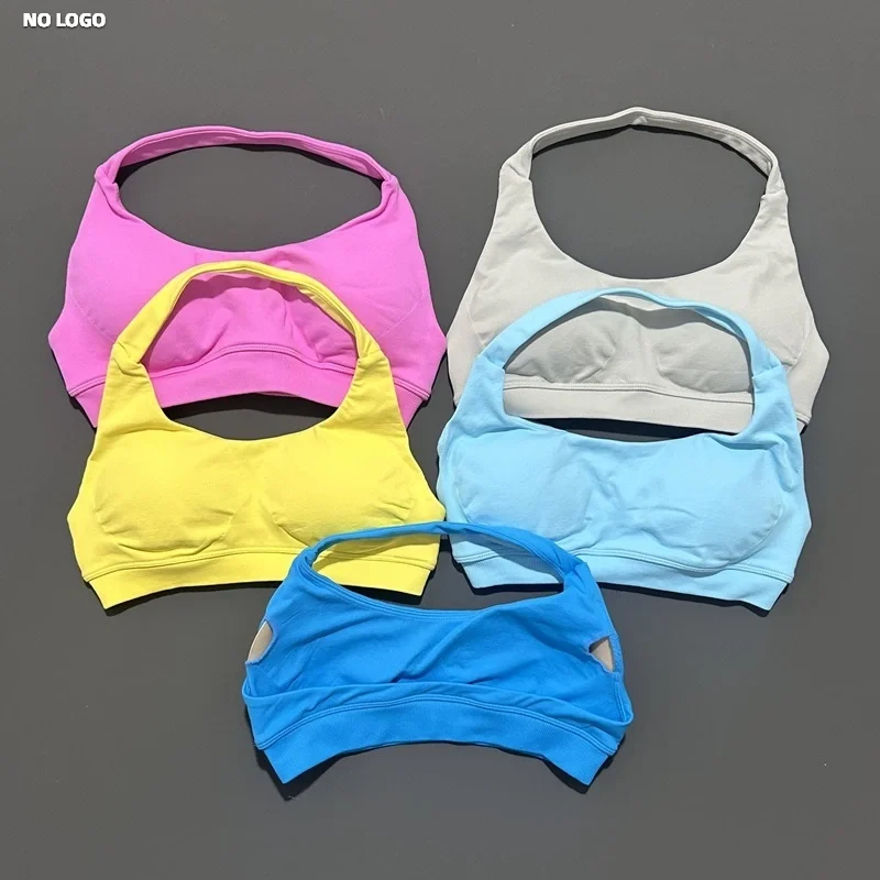 

No Logo Women Sports Bra Seamless Halter Top High Support Push-up Open Back Gym Wear Fitness Yoga Backless Workout Underwear