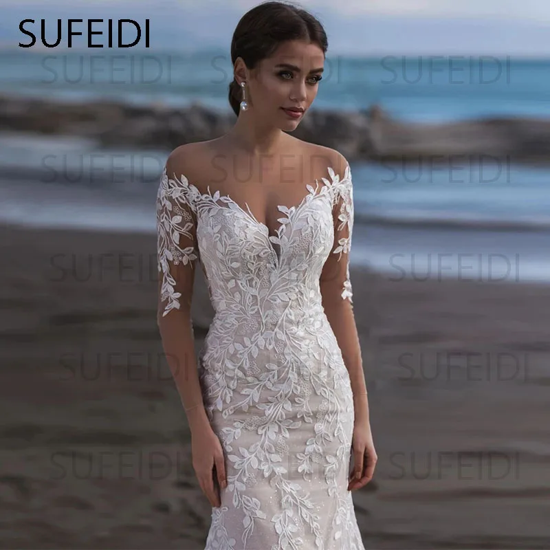 Vestido de novia de tul de sirena de manga larga para playa, vestido de novia elegante con cuello en V, Apliques de encaje, ilusión trasera con botón