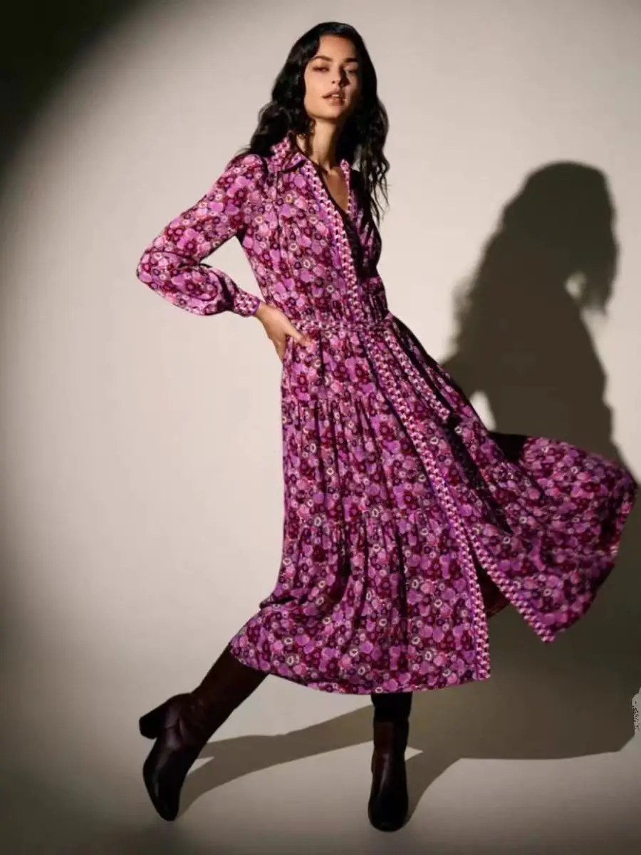 Lavender Blossom Collection | Purple Floral Print Maxi Dress | V-Neck Button-Front Long Sleeve Dress | US2-US8