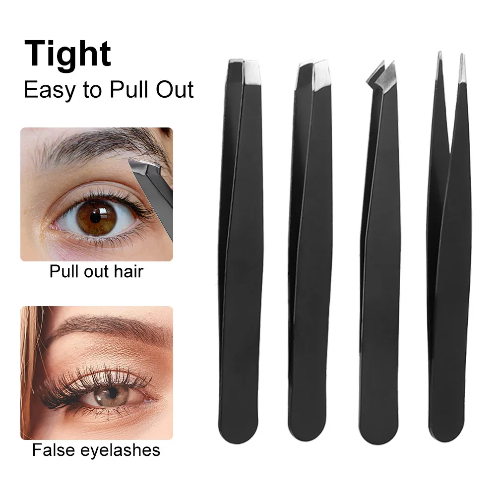 4Pcs/Set Premium Stainless Steel Eyebrow Tweezers Set Pointed Slanted Tip Ingrown Hair Removal Professional Pointed Slant
