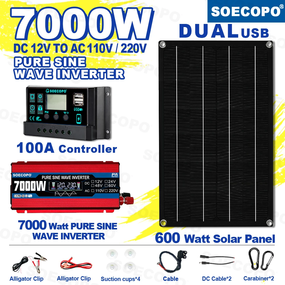 SOECOPO 7000W Peak Pure Sine Wave Inverter Solar Generator Kit 600W Panel DC 12V To AC 110V 220V 100A Controller System for Home