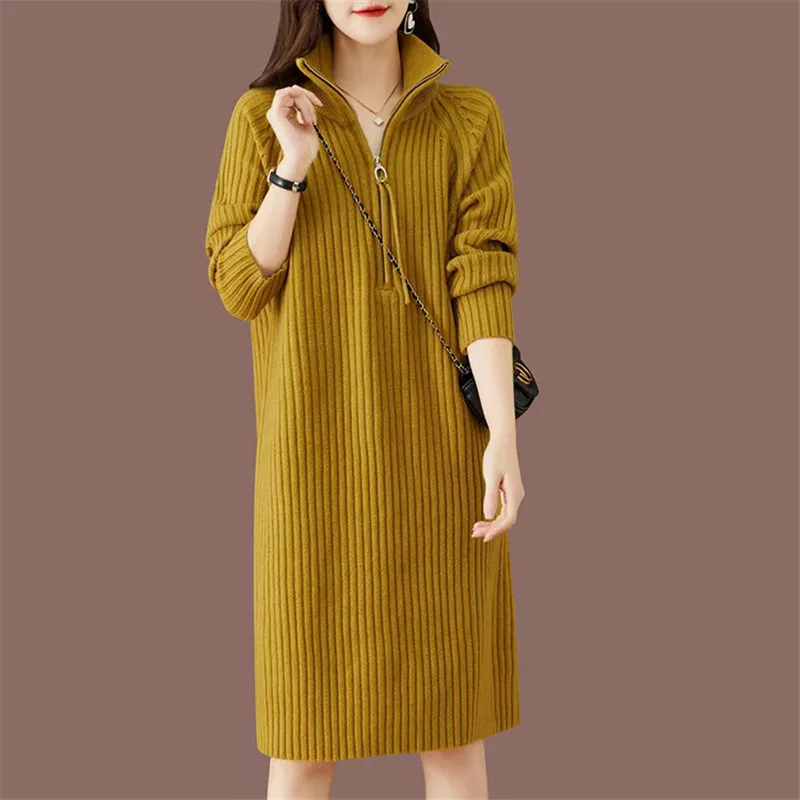 Thickened Woolen Bottoming Dress For Women Winter Loose Knee Length Knitted Lapel Sweater Warm Pullovers Knitwears Pull Femme