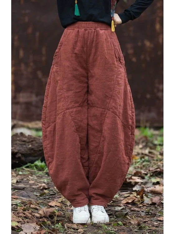 여성용 하이웨이스트 루즈핏 랜턴 팬츠 면 린넨 혼방 태극권 명상 캐주얼 바지 패셔너블하고 편안함