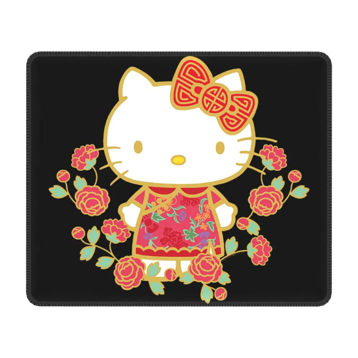 Custom Hello Kitty Happy New Year Mouse Pad with Locking Edge Square PC Gamer Mousepad Anti-Slip Rubber Base Office Desktop Mat