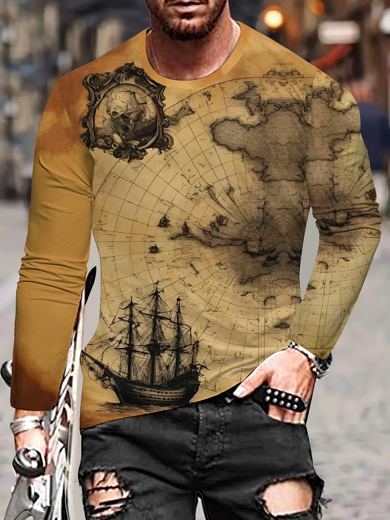 

Men's Casual Geometric Swirl Print Long Sleeve T-Shirt - Polyester Blend Crew Neck with Slight Stretch。