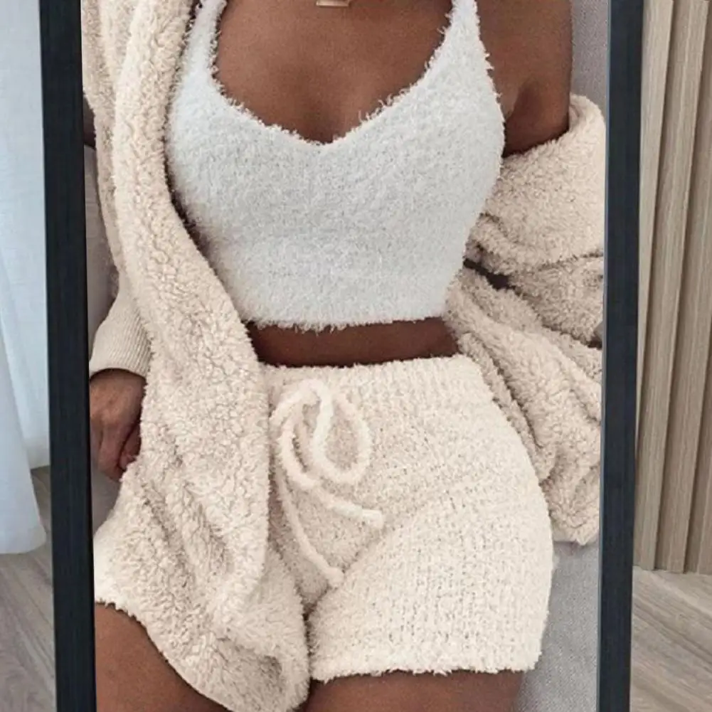 3 Pcs/Set Fall Winter Women Coat Vest Shorts Set Thick Plush Homewear Clothes Sleepwear Hooded Long Sleeves Open Stitch Warm Jac