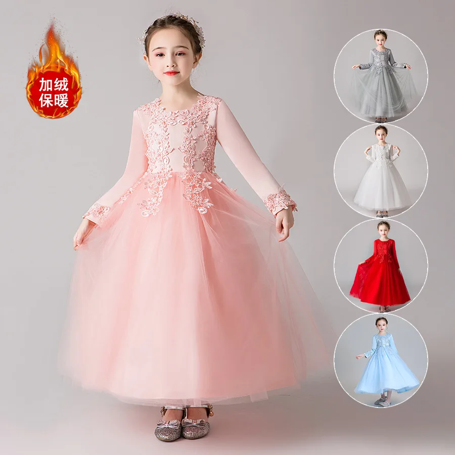 Winter Blue White Pink Champagne Satin Kids Junior Princess Flower Girls Dress Birthday Wedding Party Water-soluble Lace Gown