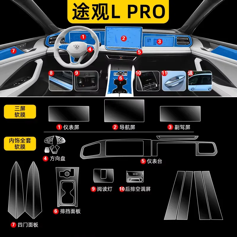 Tpu Transparent Film for 2024 Volkswagen Tiguan L PRO Car Interior Sticker Console Dashboard Screen Protective Film Accessories