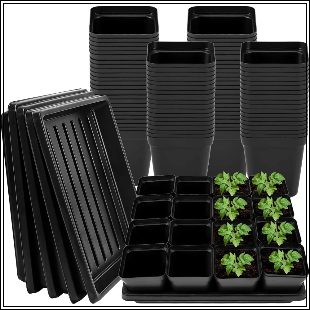 

100 Pcs 2.6 Inch Square Nursery Pots with 5 Trays, Seed Starting Kit with Drain Holes