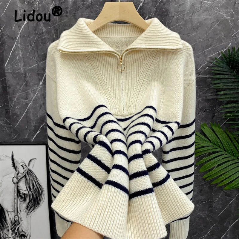 Women Vintage Classic Striped Half Zipper Stand Collar Knitted Sweater Fall Winter Long Sleeve Loose Pullover Tops Casual Jumper