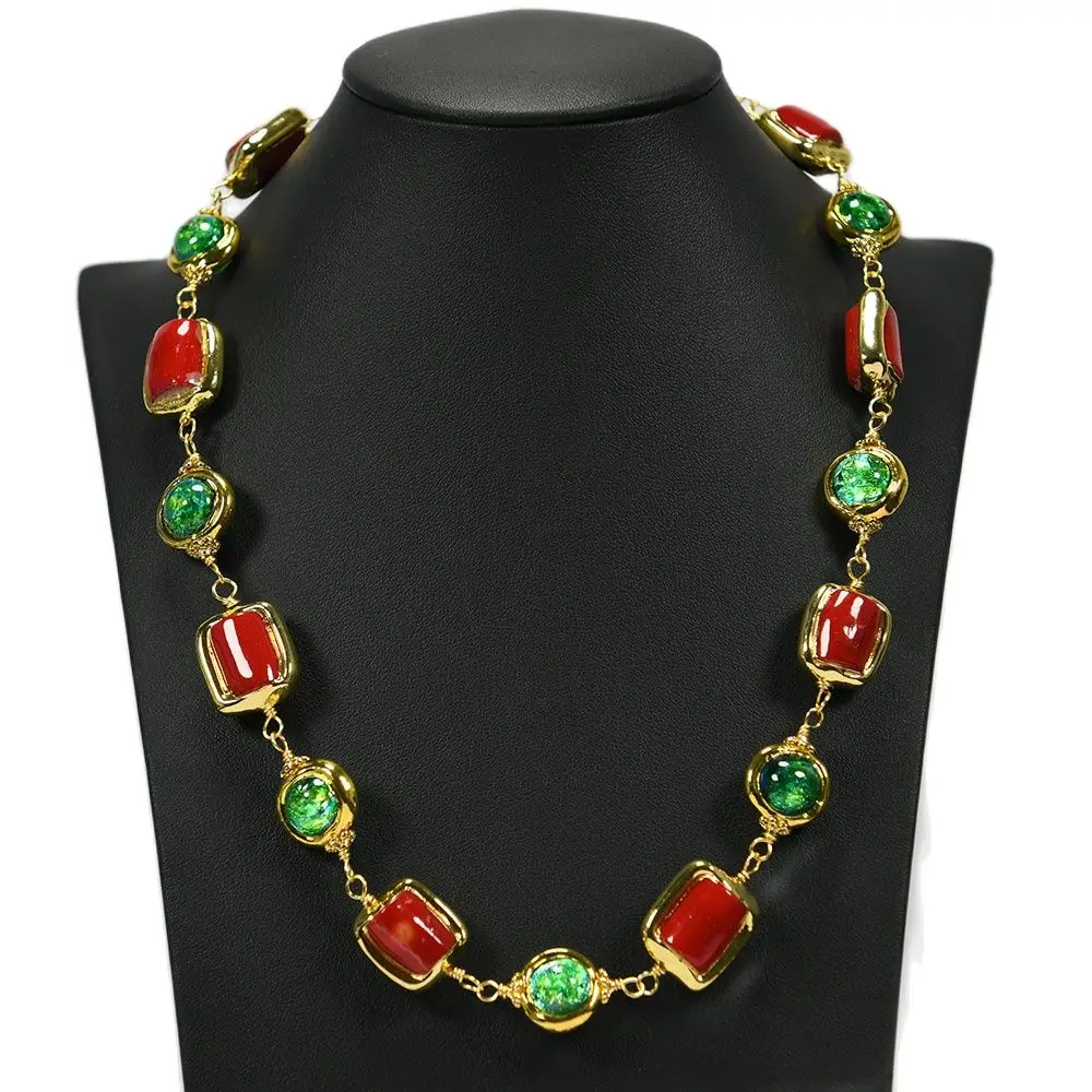 GuaiGuai Jewelry Green Murano Glass Red Coral 24K Gold Plated Edge Chain Choker Necklace Handmade Lady Jewelry Party Gifts