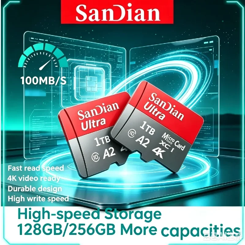 Original Mini TF Card Reader With 128GB U3 Micro TF/SD Memory Card, High‑Speed Storage Card for Cameras, Phones and Tablets