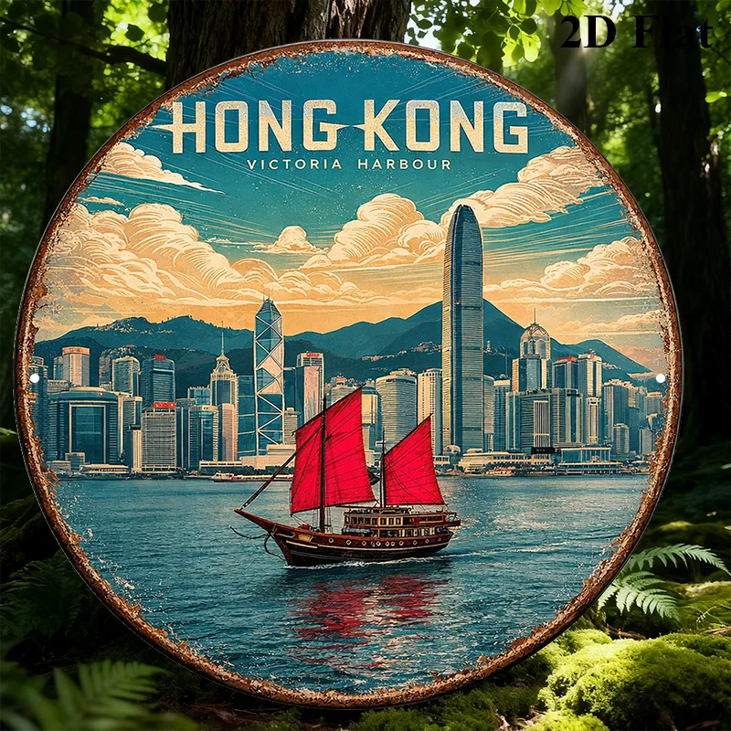 1pc Hong Kong Victoria Harbour Round Wall Sign - Vintage Plaque Suitable for Home Decor, Office, Cafe | Victoria Harbour Landmar