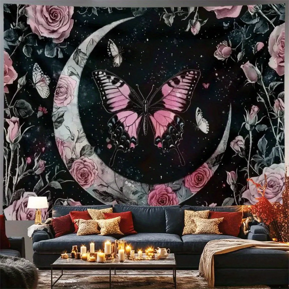 VIKAMA Pink Rose Moon Phase Tapestry Wall Hanging, Hippie Bohemian Aesthetic Home Decor For Living Room And Bedroom, Dorm
