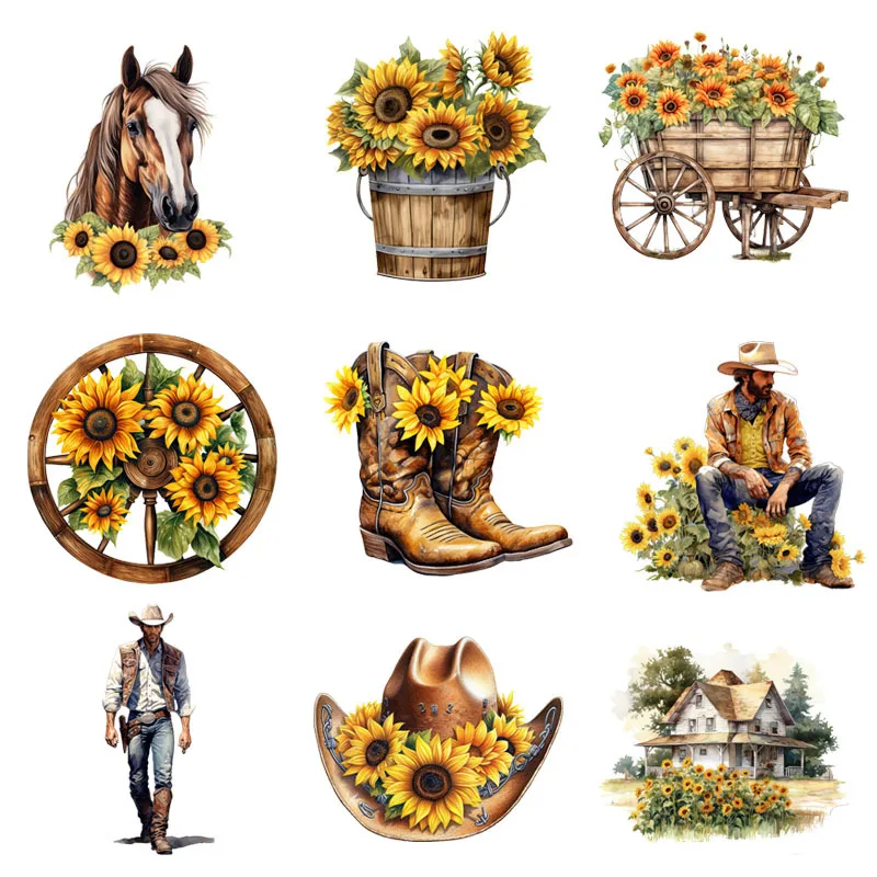 

21cm Cartoon Sunflower west cowboy Iron On Heat Transfer Sticker For Clothes Pinted Vinyl Thermal Washable T-Shirt Decal