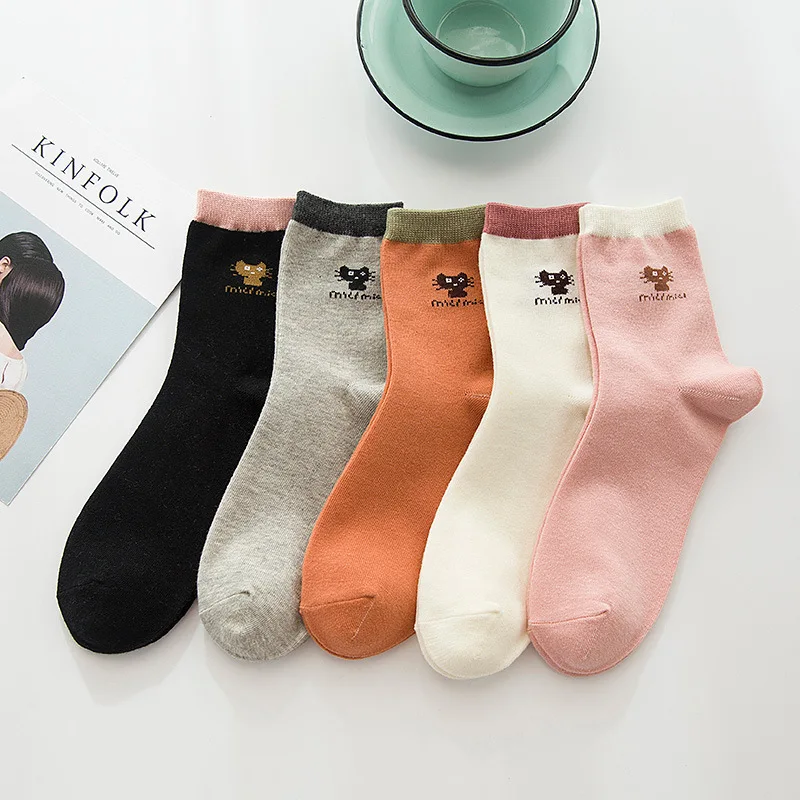 HSS Brand Women Cotton Socks Thin Spring Summer Simple Pink Cat Socks 5Pairs/Lot Fashion Kitten For Girls Students EU36-41