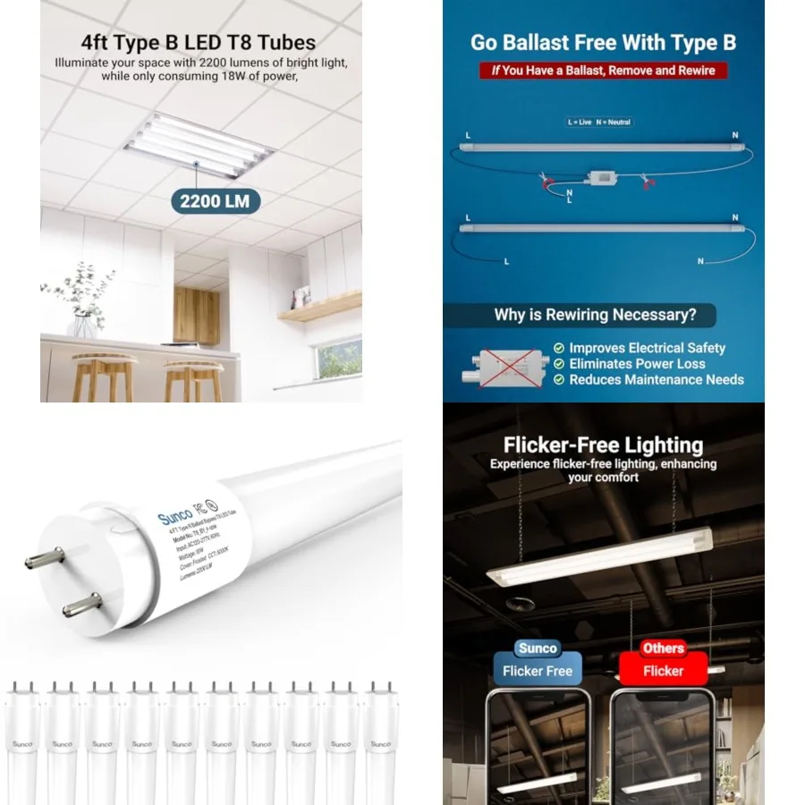 

Sunco 10 Pack T8 LED Bulbs 4 Feet, Tube Light Bulbs Ballast Bypass, 48 Inch Fluorescent Replacement, 2200 LM, 18W,,Single Ended