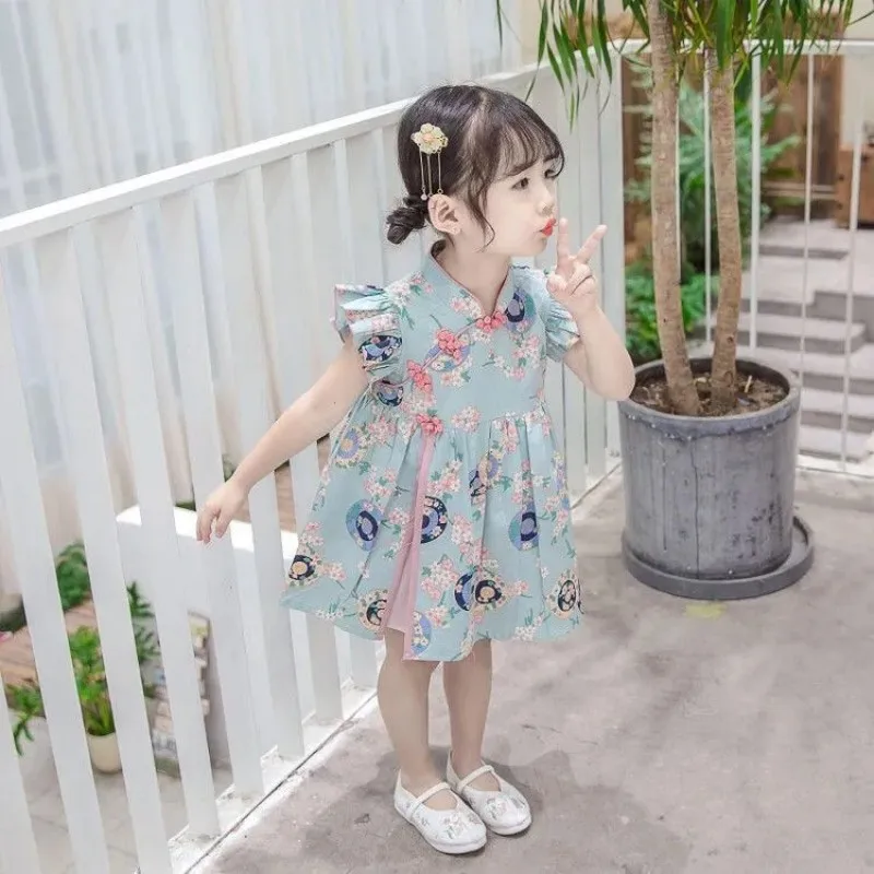 Hanfu Girls\' Summer Dress Children\'s Chinese Style Spring Princess Dress Girls\' Short Sleeve Dress Cheongsam