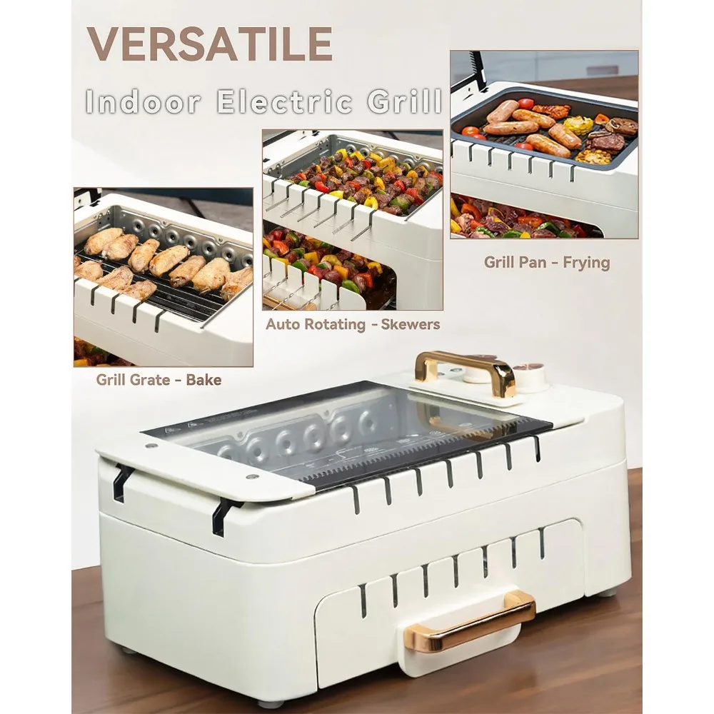 Smoke free electric barbecue grill with automatic 360 ° rotating grill. Equipped with a detachable baking tray