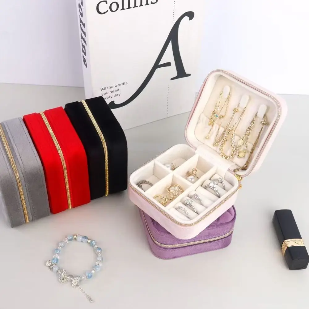 Portable Velvet Jewelry Box Zipper Closure Velvet Jewelry Storage Case Travel Jewelry Box Ring Earrings Organizer