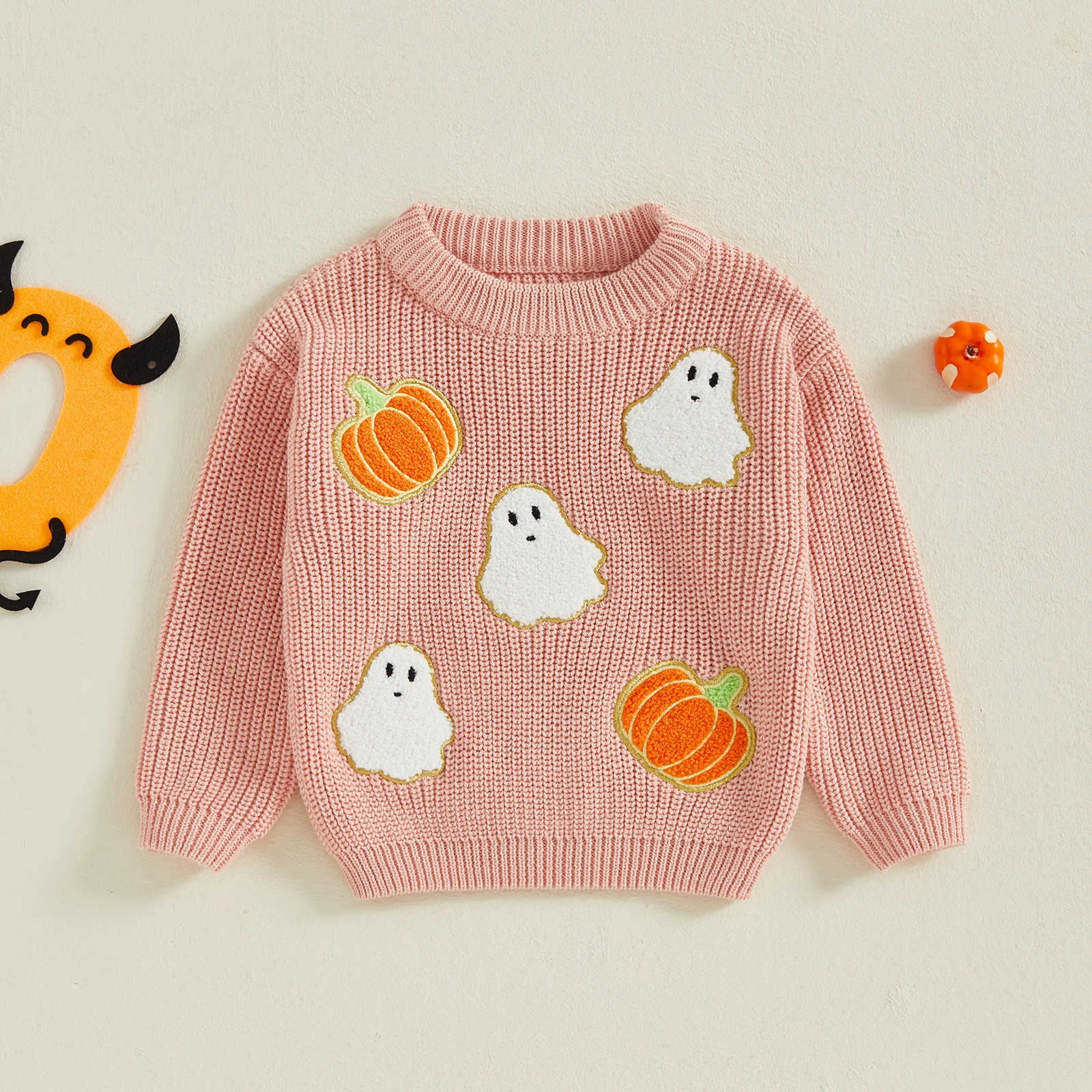

VISgogo Baby Halloween Sweater Long Sleeve Crew Neck Ghost Winter Warm Knit Pullover Sweater Infant Clothes for Girls Boys