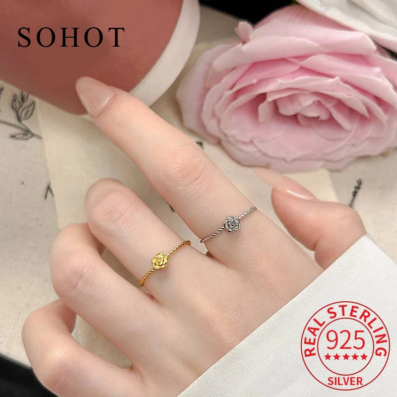 

Real 925 Sterling Silver Trendy Rose Exquisite Ring for Charm Women Sweet Flower Fine Jewelry Plant Vintage Accessories