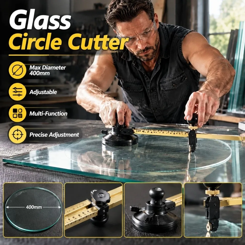 Six Wheel Glass Circle Cutter Adjustable with Suction Cup Glass Hole Cutter Multi-Function 20/40/80/100cm Suction Cup Cutter
