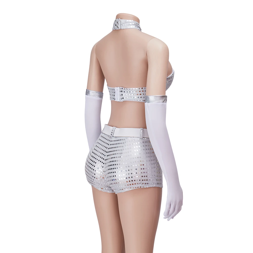 Austin Powers Fembot 코스프레 코스튬 여성용 섹시한 상의 반바지, 세트 댄스 복장, 할로윈 파티 은색 옷