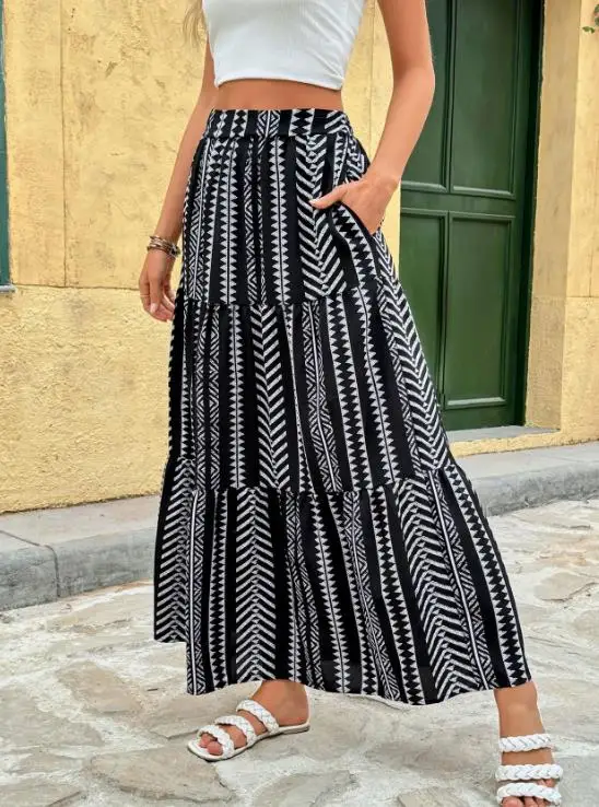 

Women's Beach Vacation A Line Skirts 2026 Summer New Long Skirt Geometric Printed Skirt Ethnic Style Splicing Half Length Skirt