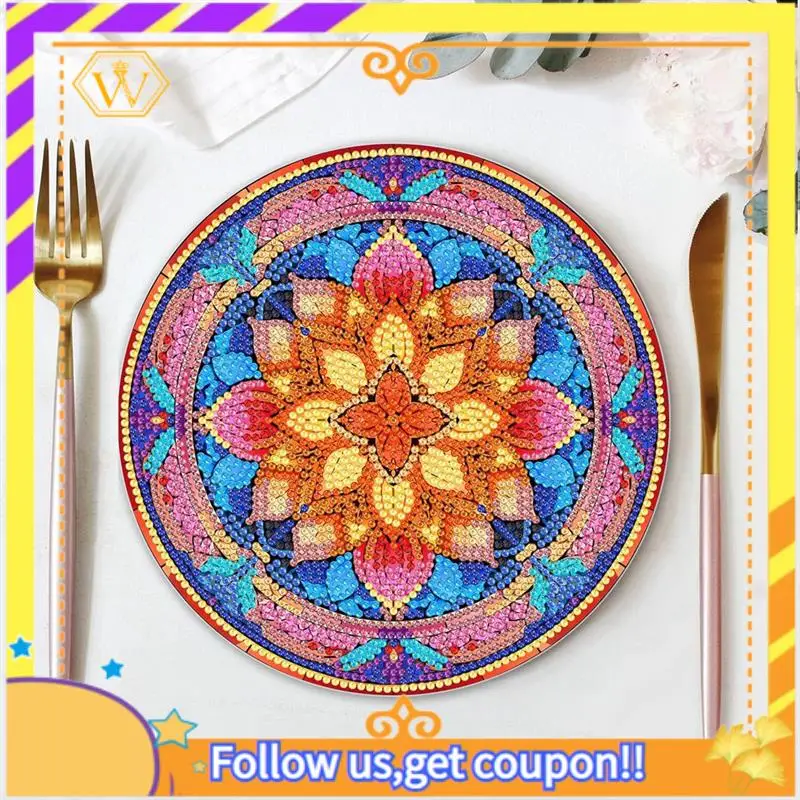 Latest-4Pcs DIY Diamond Art Painting Placemat Round Non-Slip Acrylic Table Mats For Table Decor Durable A