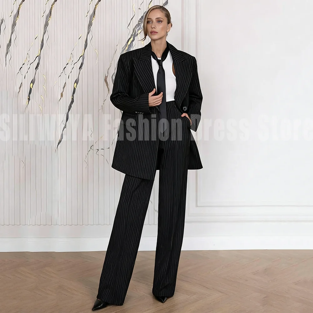 Vintage Black Pinstripe Oversized Blazer Wide Leg Pants Set Women 2 Piece Suit For Office Work Party Streetwear Daily Casual