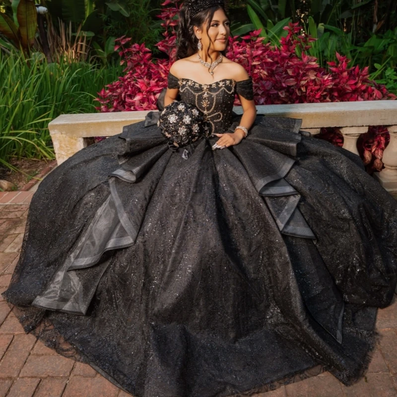 

Black Shiny Quinceanera Dresses Off The Shoulder Beading Crystal Bow Tull Corset Party Birthday Sweet 16 Dress Vestidos 15 De