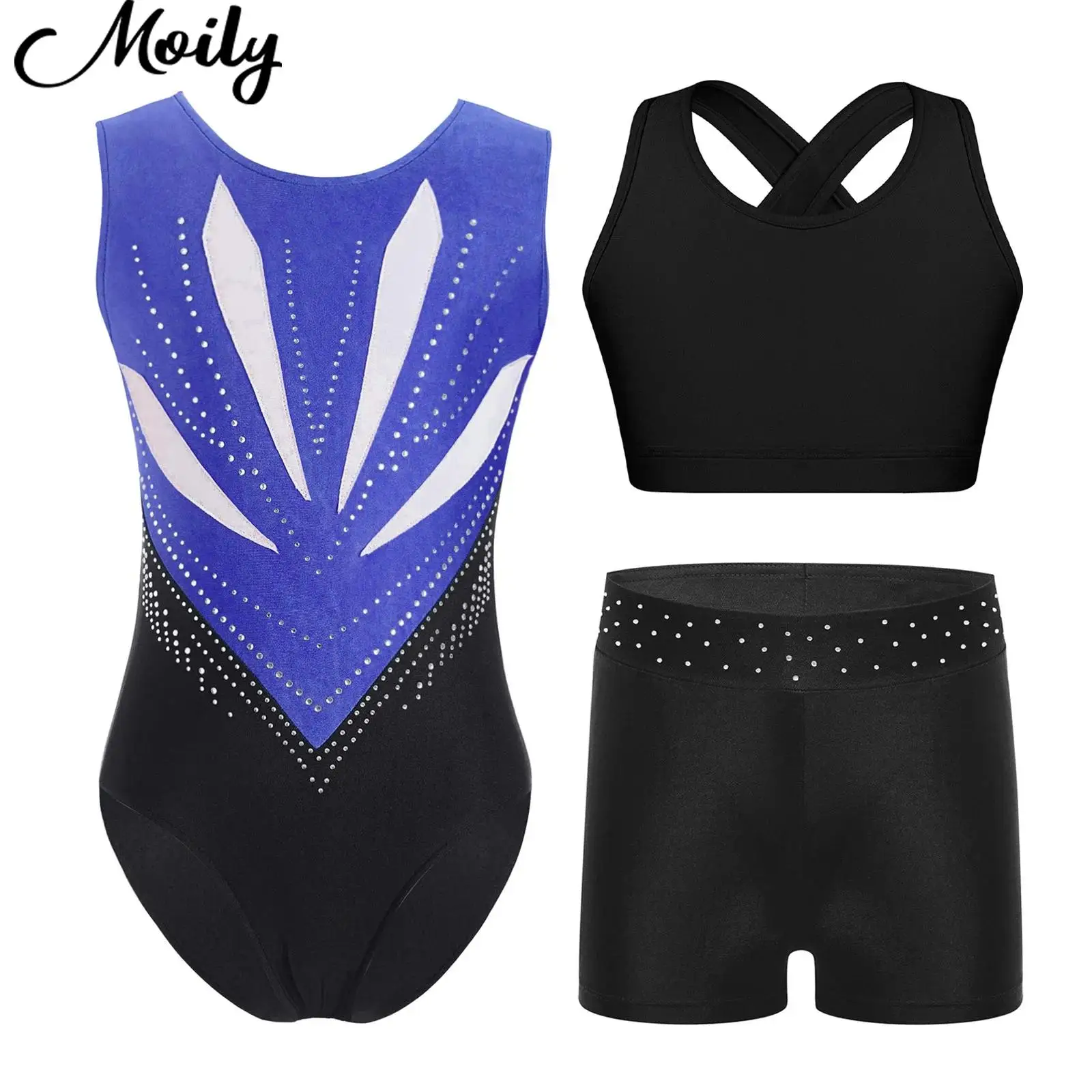 

Girl Ballet Outfit Teen Gymnastics Figure Skating Performance Set Sleeveless Bowknot Cutout Back Leotard+Vest+Shorts 3-piece Set