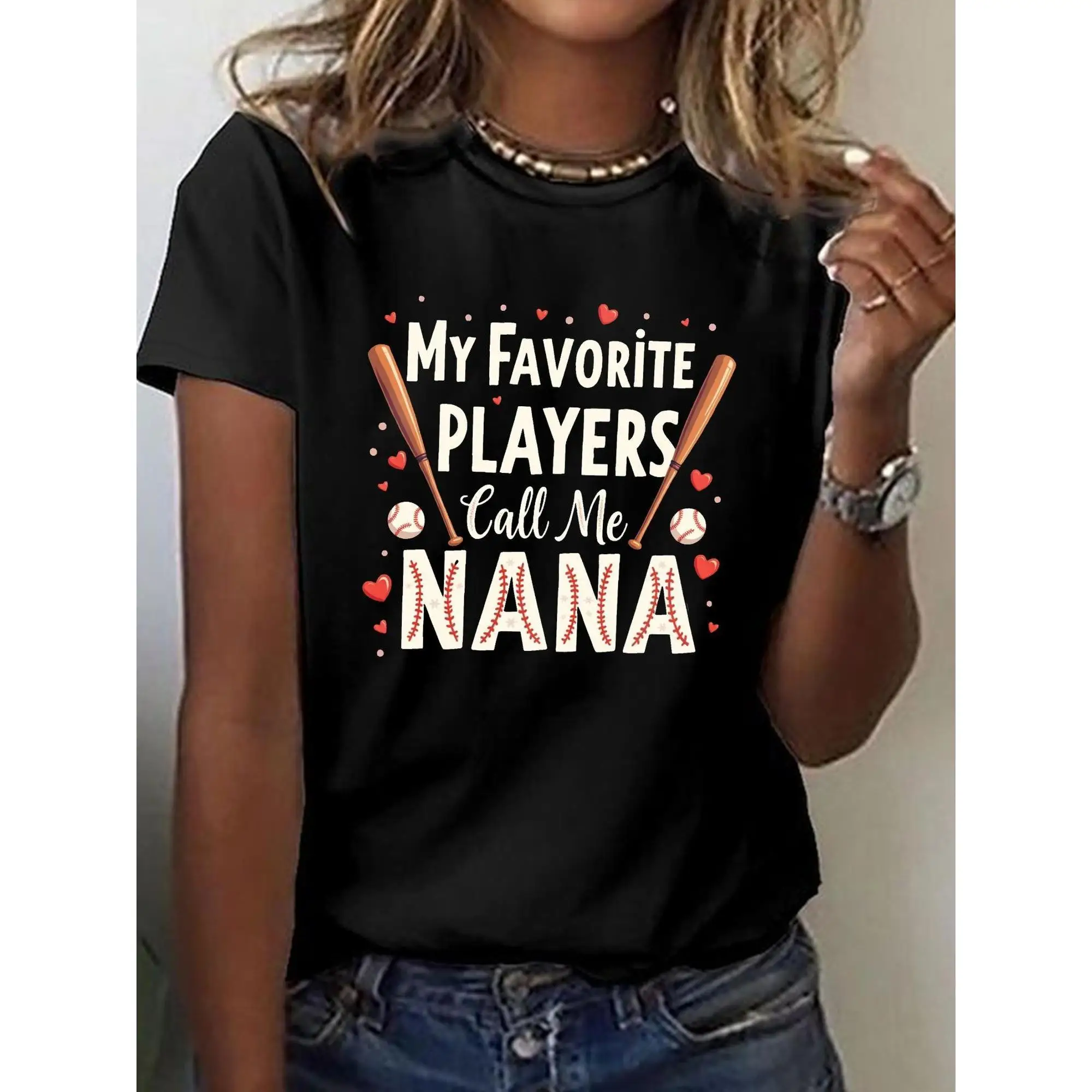 

Women's "My Favorite Players Call Me Nana" Baseball Graphic T-Shirt - Casual Crew Neck Short Sleeve Top with Crossed Bats & Hear
