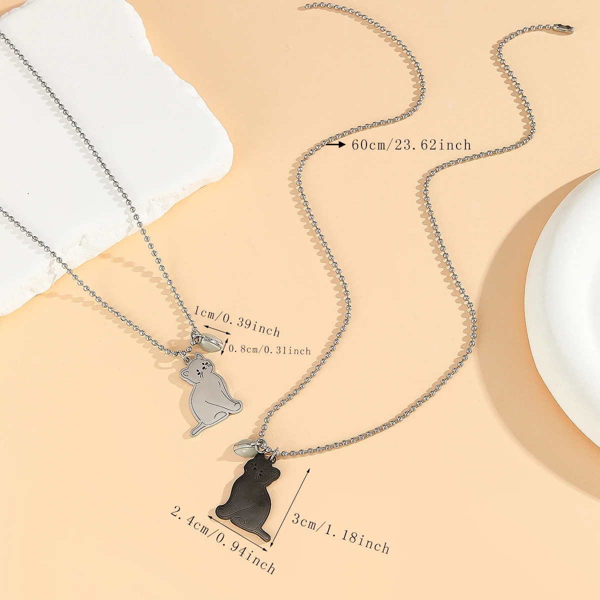 2 قطعة/مجموعة قلادة على شكل قطة من الفولاذ المقاوم للصدأ على شكل قلب مضيء سلسلة من الخرز الصلب قلادة للزوجين على شكل قلب قلادة عصرية مغناطيسية #3