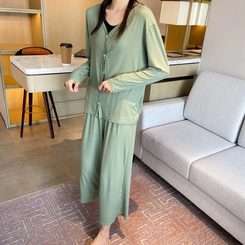 Modal Cotton Comfortable Home Clothes New Buttons Shirt Trousers Suit V Neck Long Sleeve Sleepwear Women Spring Fall Pajamas Set