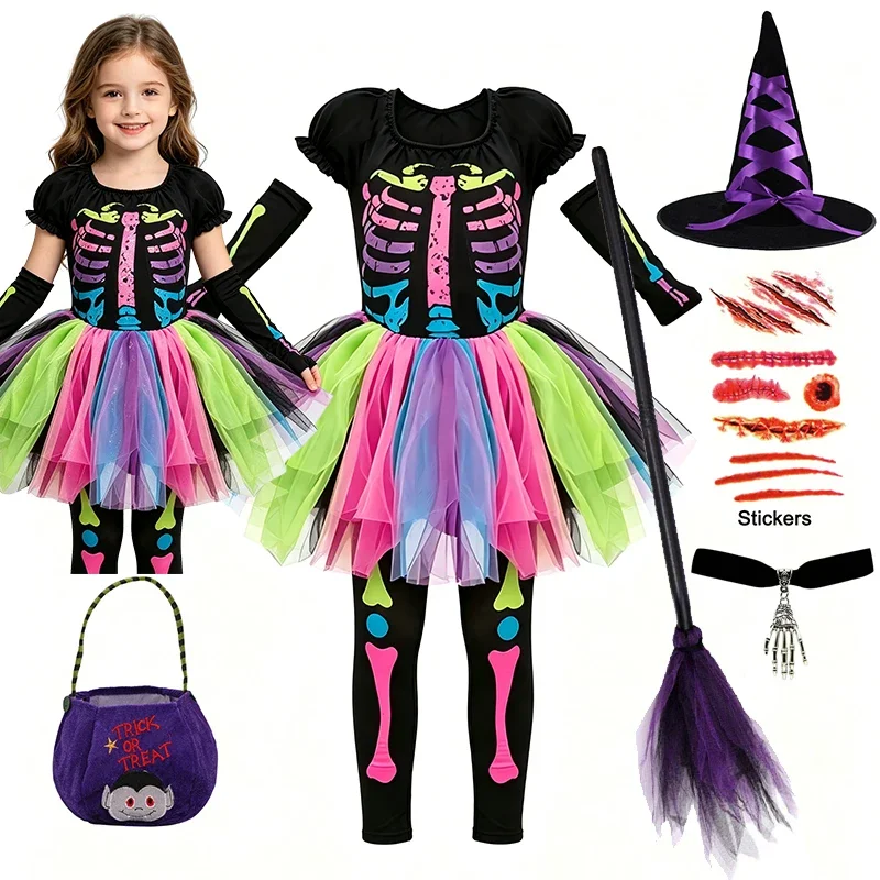Kinder-Halloween-Hexen-Outfit für Mädchen, farbiges Skelettmuster, Tutu-Kleid, Leggings, Hut, Besen, Halskette, Süßigkeitentasche, Party-Kostüm-Set – Detail 1