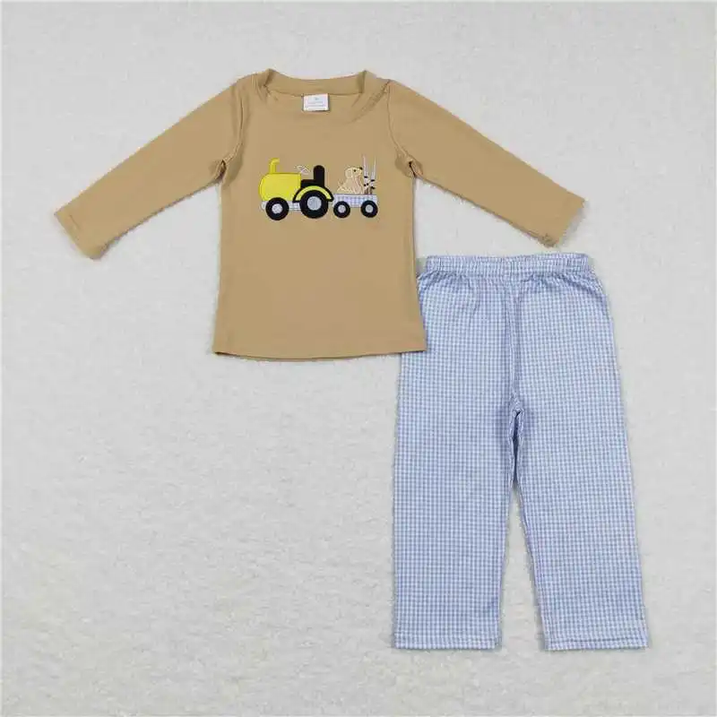 New Fashion Baby Boys Embroidered Duck Puppy Blue aAnd White Striped Long Sleeve Brown Trousers Suit Wholesale Boutique Suit