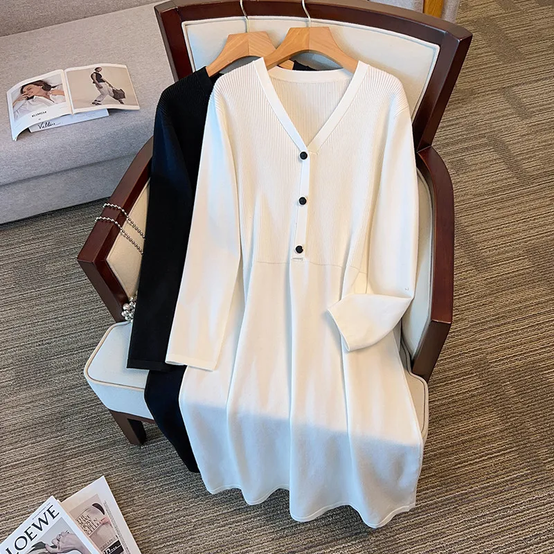 

155Kg Plus Size Women's Bust 160 Autumn Winter Long V-Neck Sweater Dress White Black 5XL 6XL 7XL 8XL 9XL