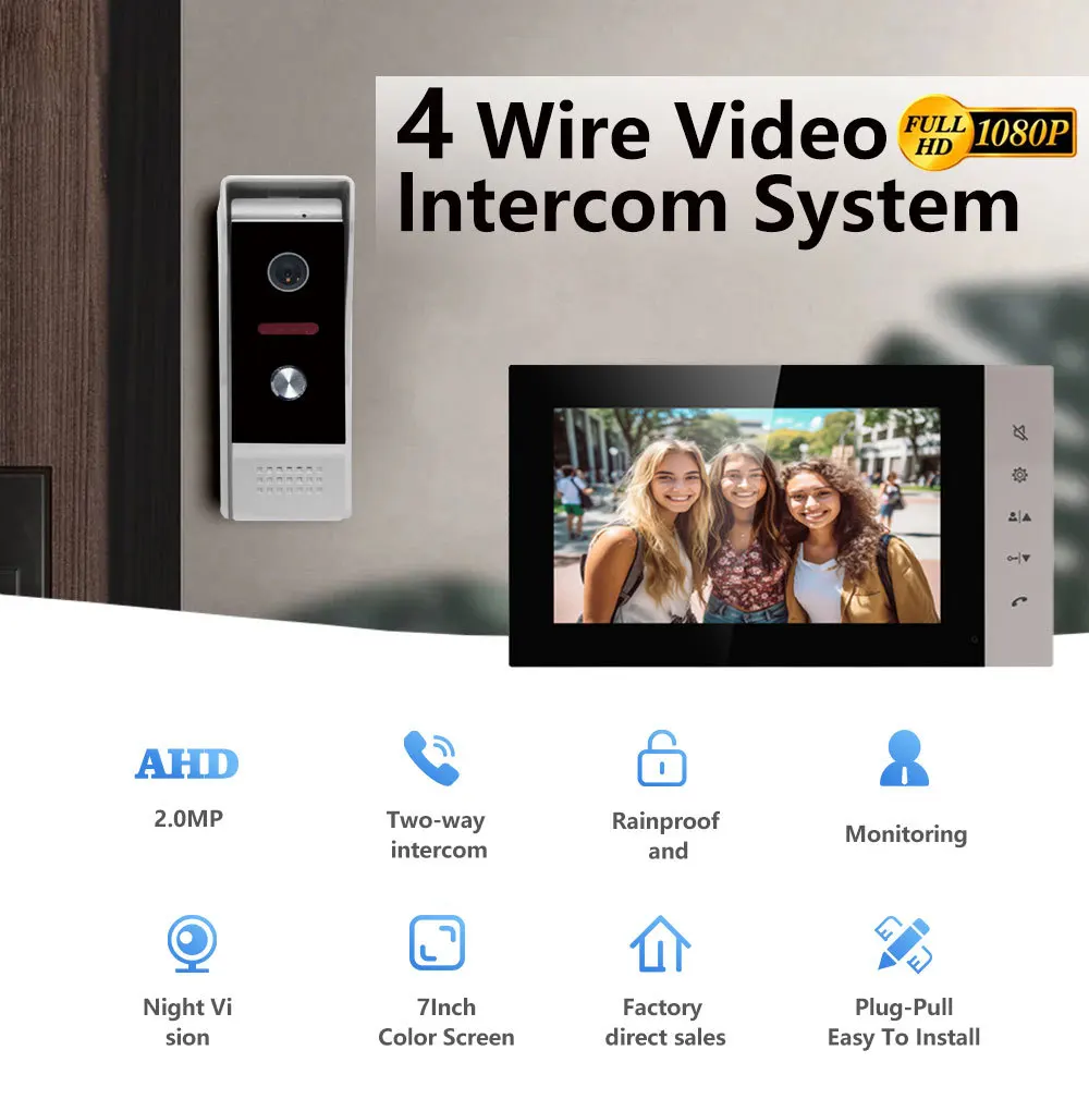 7 بوصة IPS شاشة 4 السلكية فيديو باب الهاتف الاتصال الداخلي AHD جرس باب أمان المنزل عارض الباب البصري لكاميرا المراقبة المنزلية #3