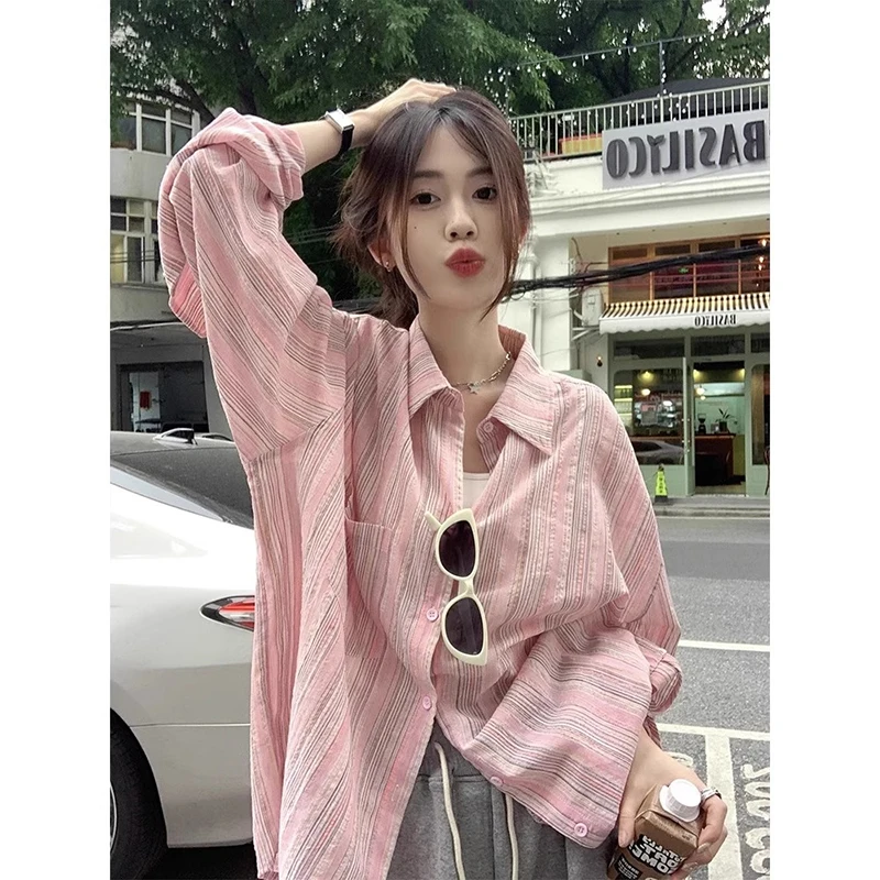 

Pink Striped Sun Shirt Women Spring and Summer Thin Long-sleeved Blouse Loose Medium-length Versatile Jacket Female