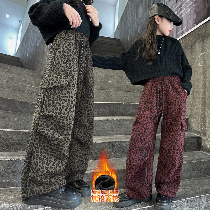 Girls' Children's Fleece and Thickened Overalls Winter 2024 New Leopard Print Overalls Wide-leg Pants Teenager Joggers