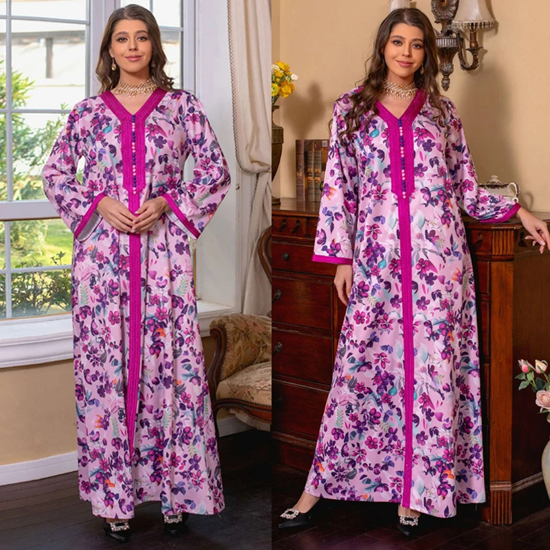 

Abayas For Women Vintage Ethnic Print Long Dresses V-Neck Maxi Robe Moroccan Jalabiya Ramadan Arab Party Dresses Dubai Turkish