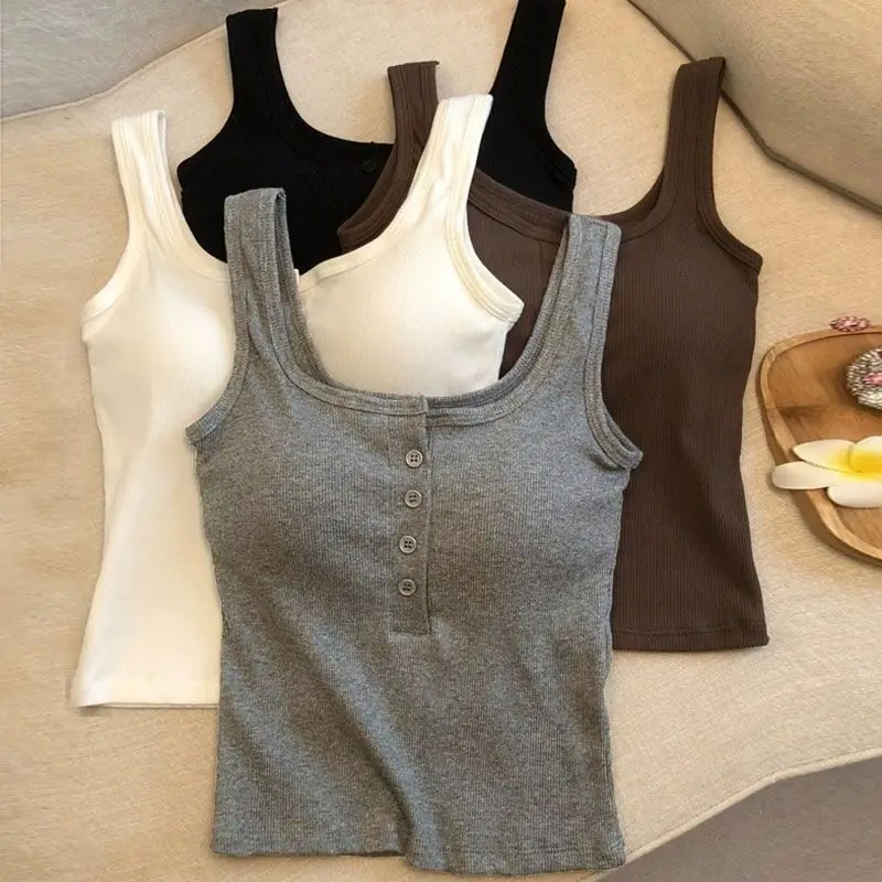 1-teiliges geripptes Henley-Tanktop für Damen, ärmelloses Camisole-Top mit quadratischem Ausschnitt und Knopfleiste vorne und integriertem BH – Detail 3