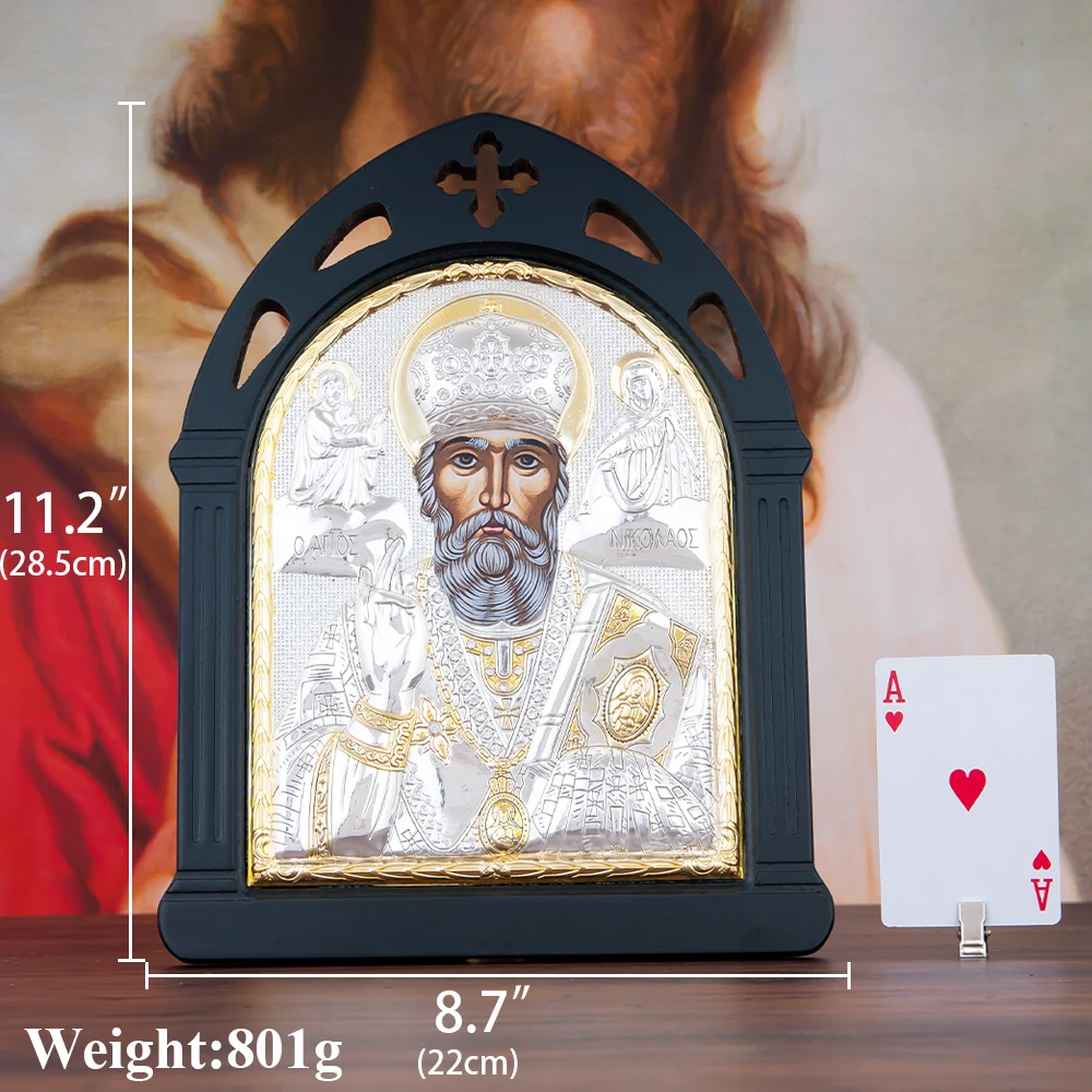 HTISOK Saint Nicholas Icon Gold Plated Zinc Alloy with Wooden Frame Religious Decor Christmas Home