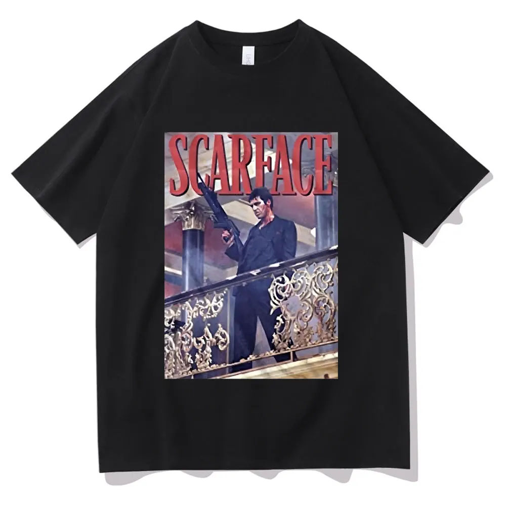 

90s Vintage Movie Scarface Tony Montana Railing Shot Black Graphic T-shirt Male Hip Hop Rock Oversized Tees Al Pacino T Shirts