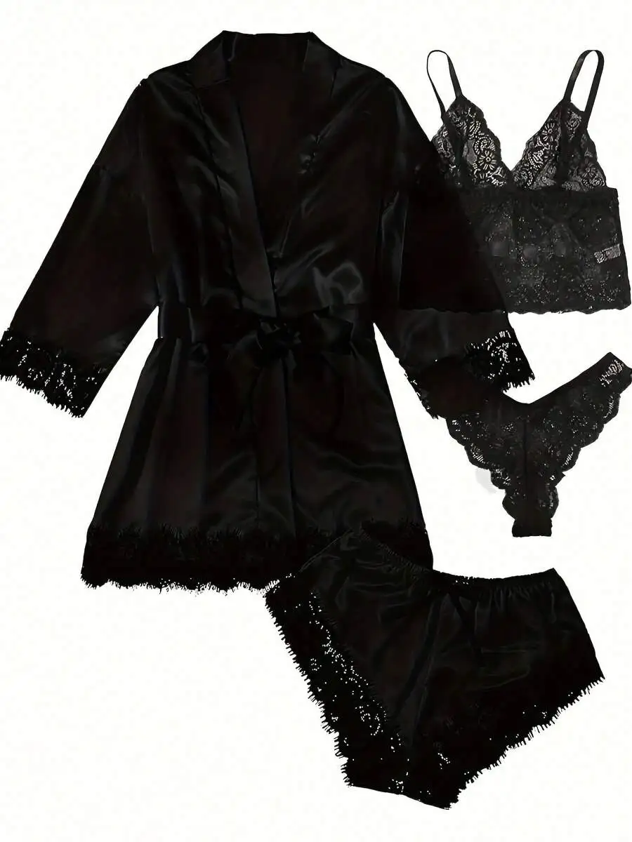 

Black Lace Trim Satin Robe Set With Camisole And Shorts For Women