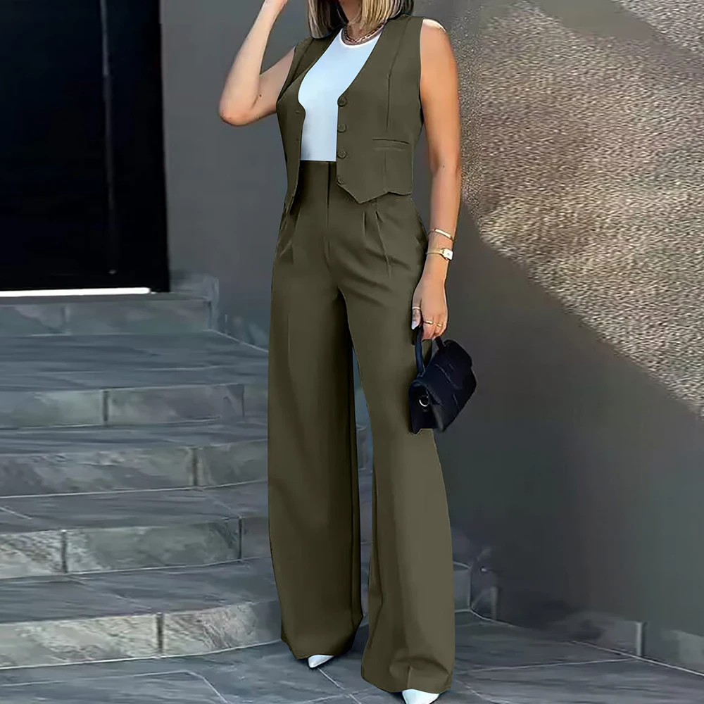 TWOTWINSTYLE Chic Two Piece Set For Women V Neck Sleeveless Spliced Button Coat High Waist Solid Pants Loose Sets Female Style