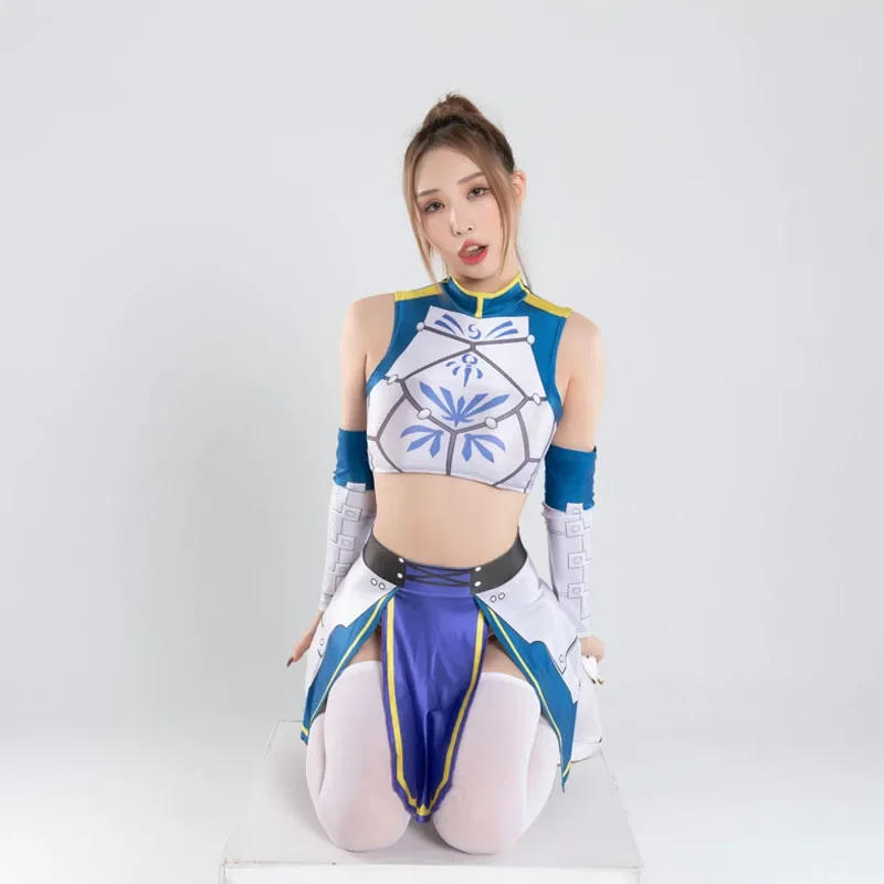 Neue sexy Frauen schwimmen weiß bodysuit Cosplay Strumpfhosen 4 stücke Glänzende Japanische Anime Chunli Rock Kostüm Roleplay badeanzug Kostüm