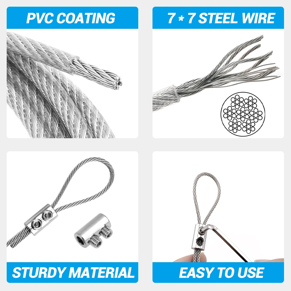 2-4PCS 2mm/3mm 304 Stainless Steel Wire Rope Fixing Kit with PVC Coating for Hanging Picture Frames Lighting Fixtures Potted